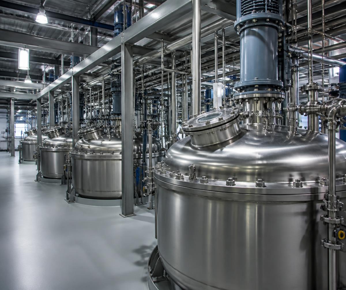 Stainless steel reactor vessels inside a chemical manufacturing plant