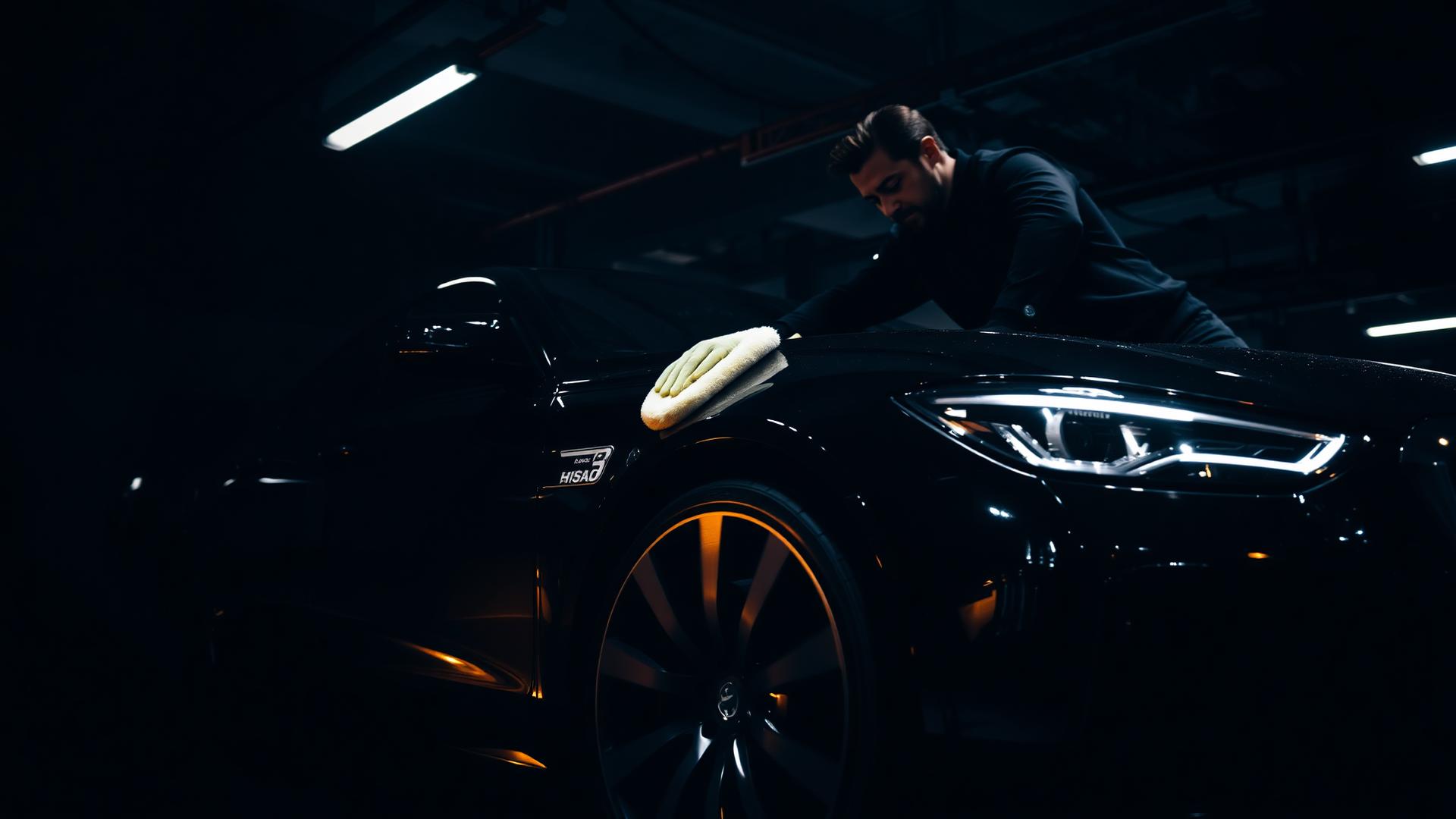 Detailer polishing a black luxury car in an Ontario garage