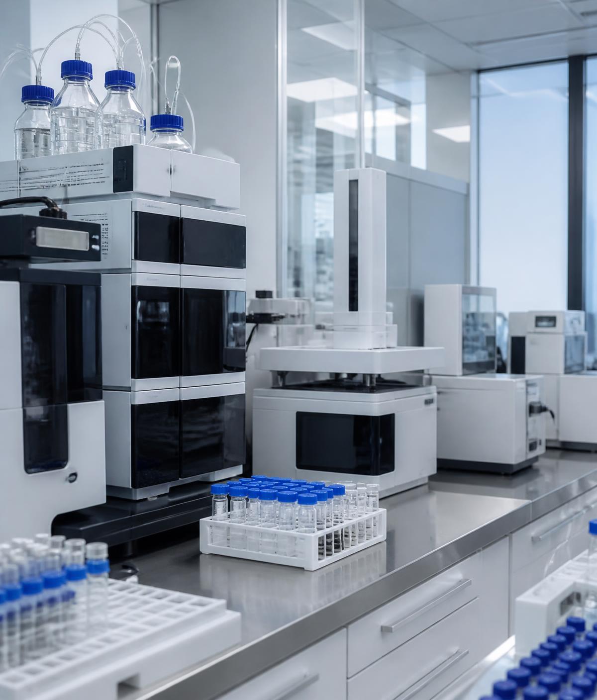 Quality control laboratory with analytical instrumentation and sample racks